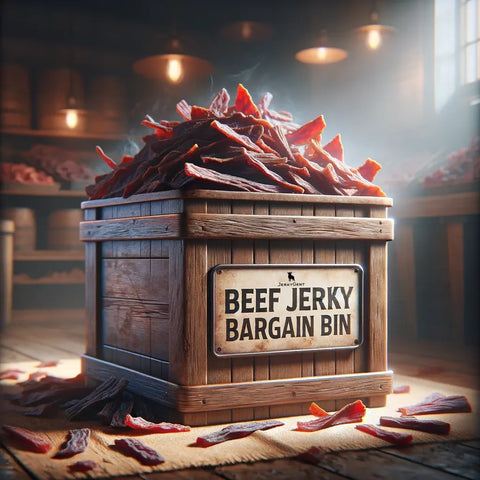 JerkyGent beef jerky bargain bin overflowing with deliciously discounted beef jerky