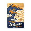 Colorful bag of Avalanche Beef Jerky, Buffalo Ranch flavor, with skiing buffalo illustration.