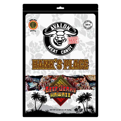 Avalon Meat Candy Hank's Place gourmet beef jerky made in Las Vegas with tropical Hawaii-inspired packaging.