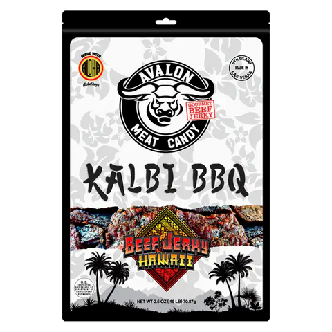 Kalbi BBQ beef jerky by Avalon Meat Candy, featuring Korean BBQ flavors and bold tropical packaging design.