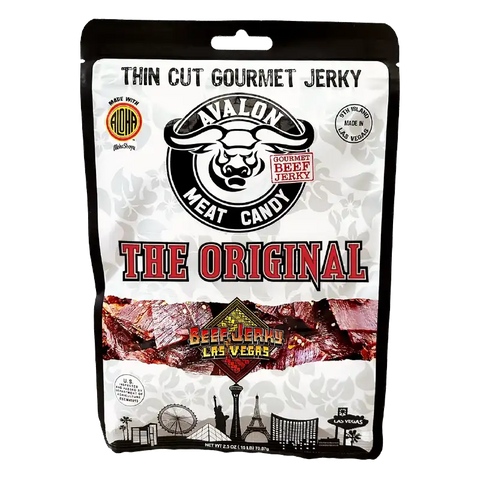 Avalon Meat Candy's Original flavor thin-cut gourmet beef jerky, inspired by Las Vegas and Hawaiian culture.