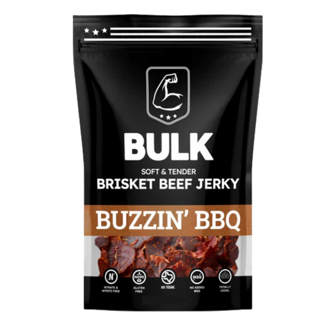 Front view of BULK Buzzin’ BBQ Soft & Tender Brisket Beef Jerky packaging, showing product name and design.