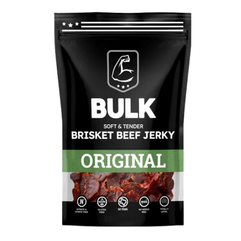 Front view of BULK Original Soft & Tender Brisket Beef Jerky packaging, showing product name