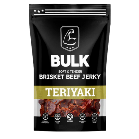 Front view of BULK Teriyaki Soft & Tender Brisket Beef Jerky packaging, showing product name