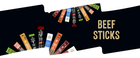 Banner showing Beef Sticks Collection with assorted flavors including No Man’s Land, Wicked Cutz, FireCreek, and Righteous Felon beef sticks.