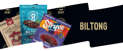 Banner showing Biltong Collection with packs of Righteous Felon Biltong, Figure Ate Air-Dried Beef Biltong, and Stryve Protein Snacks Thin Sliced Biltong.