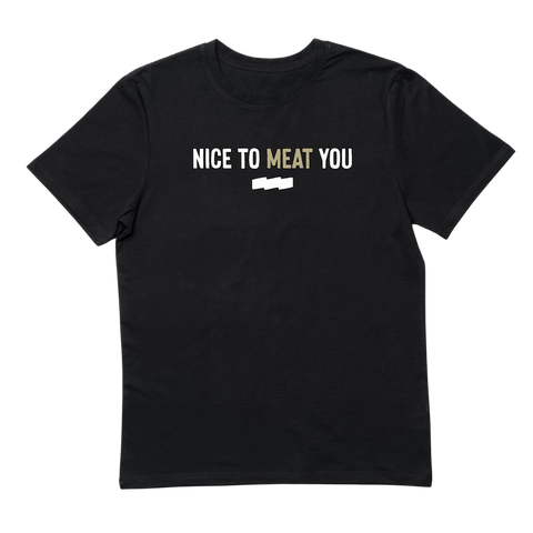 Black JerkyGent T-shirt with “Nice to MEAT You” graphic in white and gold with emblem on the chest
