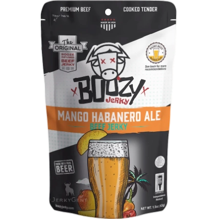Boozy Mango Habanero Ale Beef Jerky in a matte bag featuring an image of a beer glass garnished with a mango slice