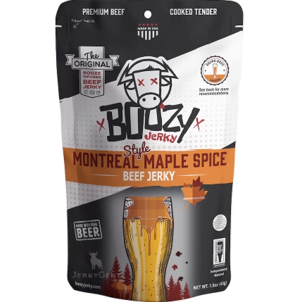 Boozy Jerky Montreal Maple Spice Beef Jerky in a matte bag with an image of a beer glass with maple syrup on it