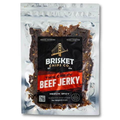 Brisket Chips Co. thin crispy beef jerky package on a white background