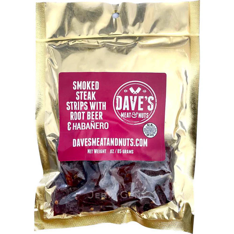 Front of Dave’s Meat & Nuts Smoked Steak Strips with Root Beer & Habanero in a gold resealable pouch