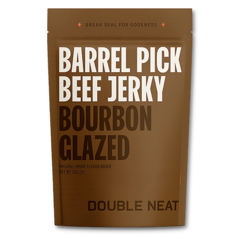 Brown package of Bourbon Glazed Barrel Pick Beef Jerky with 'Double Neat' branding.