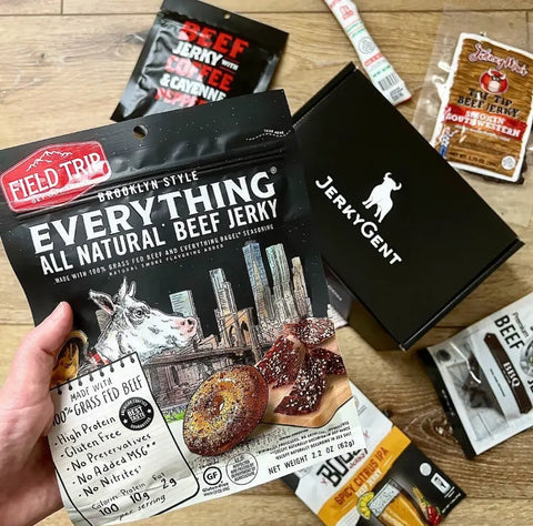 A photo of someone holding a bag of Field Trip Everything Bagel beef jerky that shows off the interesting flavor profile