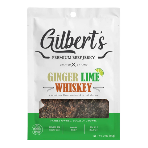 Bag of Gilbert’s Premium Ginger Lime Whiskey Jerky, 2 oz – marinated in whiskey with bright ginger and lime