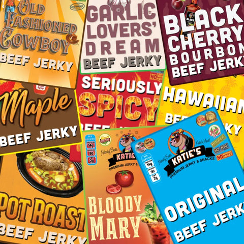 colorful beef jerky packaging showcasing unique and bold flavor varieties