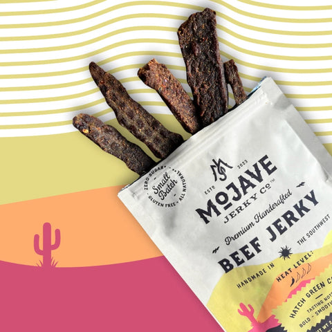 Mojave beef jerky in pouch with desert-themed background