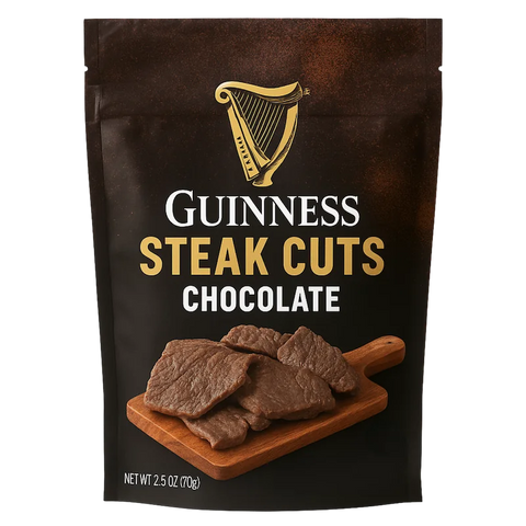 Front of Guinness Chocolate Steak Cuts jerky bag featuring steak slices on a wooden board, with 8g protein and 3g sugar callouts.