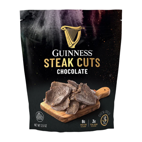 Bag of Guinness Steak Cuts Chocolate jerky, oven-dried beef with chocolate flavor, 2.5oz