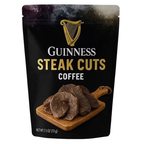 Steak Cuts Coffee Jerky – Bag Front showing premium steak slices with coffee beans on burlap sack, 2.5 oz oven-dried snack.