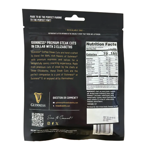 Back of Guinness Coffee Steak Cuts jerky bag showing product description, nutrition facts, ingredients, and contact info for Three Elizabeths and Guinness.