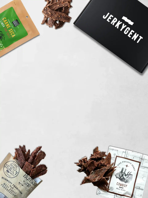 JerkyGent Beef Jerky Subscription Box. A Jerky of the month club showing various bags of beef jerky.