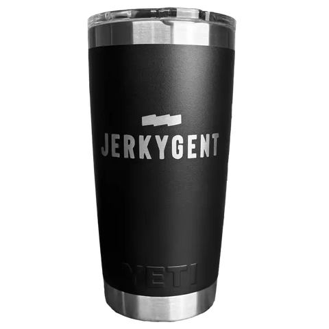Black JerkyGent-branded YETI tumbler with a stainless steel base and clear lid.