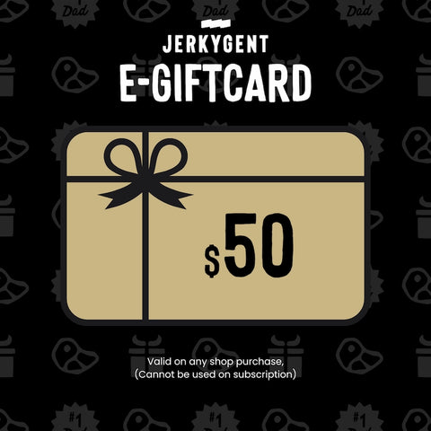 JerkyGent $50 gift card design with black bow illustration on a gold background.