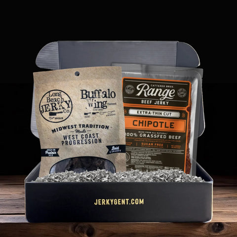 Beef Jerky Subscription box with 2 bags of beef jerky including Long beach jerky co and Cattaneo Bros Range beef jerky