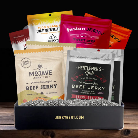 Beef Jerky Subscription Box with 8 bags of small batch beef jerky