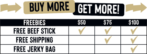 JerkyGent Buy More Get More Promotional Grid sign with freebies offered for different purchase amounts, including free beef sticks, free jerky, and free shipping.
