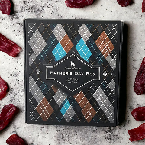 Father's Day Beef Jerky Gift Box with a custom an unique argyle pattern surrounded by delicious beef jerky.