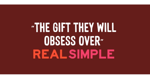 Text overlay on a red background with various gift recommendations.