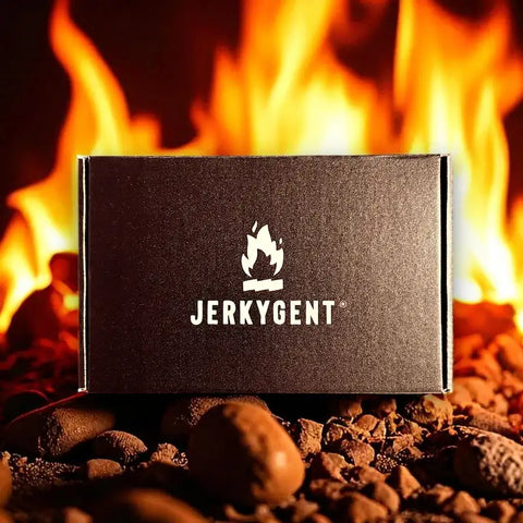 The JerkyGent Inferno Box with flames blazing in the background, highlighting its fiery craft jerky theme.