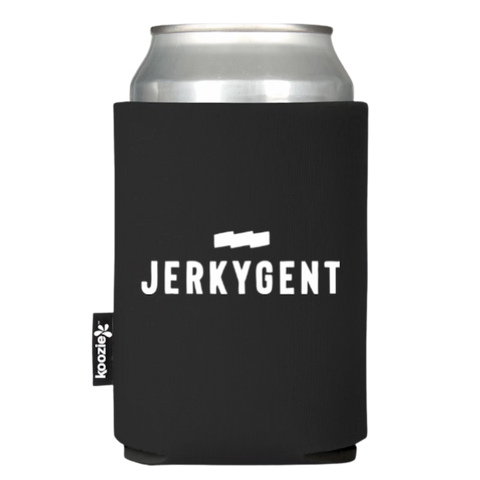 Black koozie featuring the JerkyGent logo in white with jerky strip icon