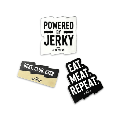 Three JerkyGent stickers featuring the phrases: “Powered by Jerky,” “Best. Club. Ever.,” and “Eat. Meat. Repeat.”