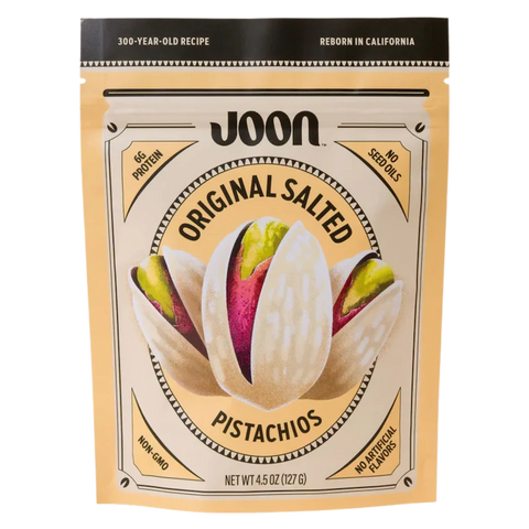 Front of Joon Original Salted Pistachios bag showing pistachio illustration and product claims like 6g protein and no seed oils.