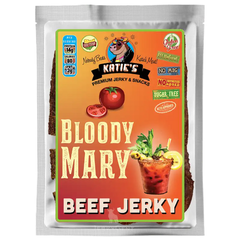 Bloody mary flavored beef jerky by Katies premium jerky and snacks. In a bright orange package featuring sugar free ingredients!