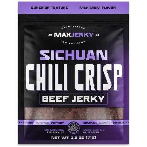 MaxJerky Sichuan Chili Crisp Chicken Jerky in a black bag with purple accents