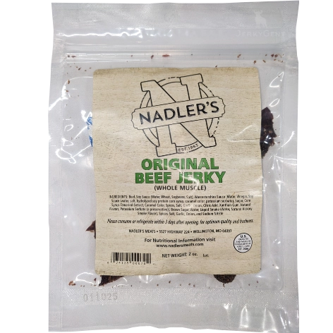 Nadler's Original Beef Jerky in a clear 2-oz. bag with a sticker label.