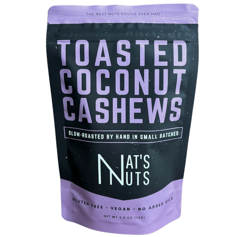 Front view of Nat’s Nuts Toasted Coconut Cashews pouch with bold product name and minimalist packaging design.