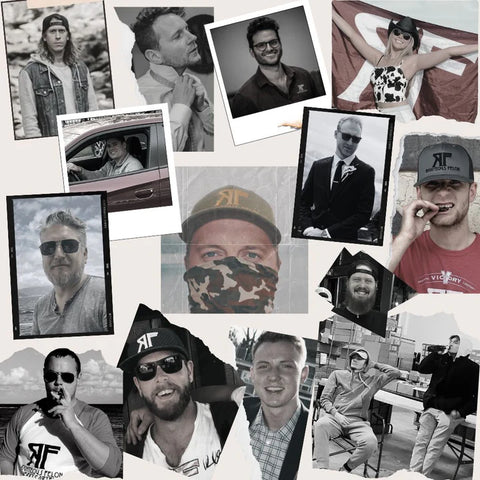 Collage of people in various poses, wearing casual and formal clothes, some with hats and sunglasses, one person in a car, another with a flag, and a central image of a person with a camo face covering.