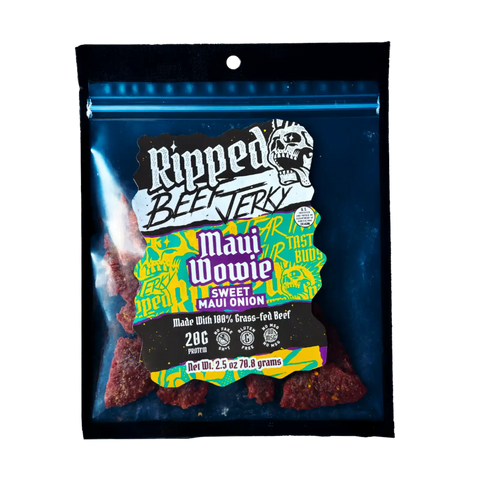 Bag of Ripped Beef Jerky Maui Wowie Sweet Maui Onion flavor, made with 100% grass-fed beef, 20g protein, no MSG, gluten-free.