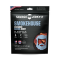 Black bag of Savage Jerky Co. Smokehouse Uncured Bacon Jerky with bold lettering.
