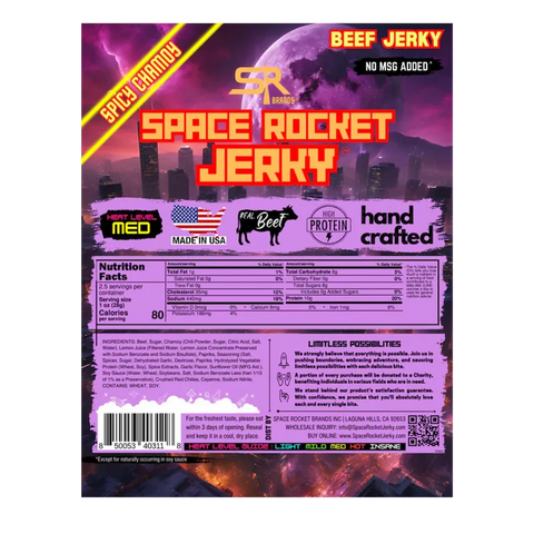 Back of Space Rocket Jerky Galaxy Invader package showing nutrition facts, ingredients, and brand highlights like real beef, high protein, and handcrafted quality with a purple-toned cityscape background.