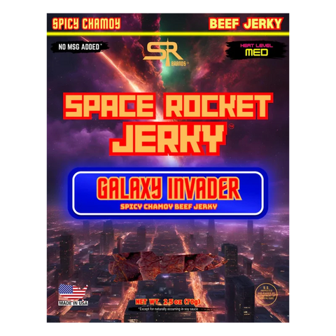 Front of Space Rocket Jerky Galaxy Invader packaging with a neon space city background, labeled spicy chamoy beef jerky with a medium heat level, net weight 2.5 oz (70g).