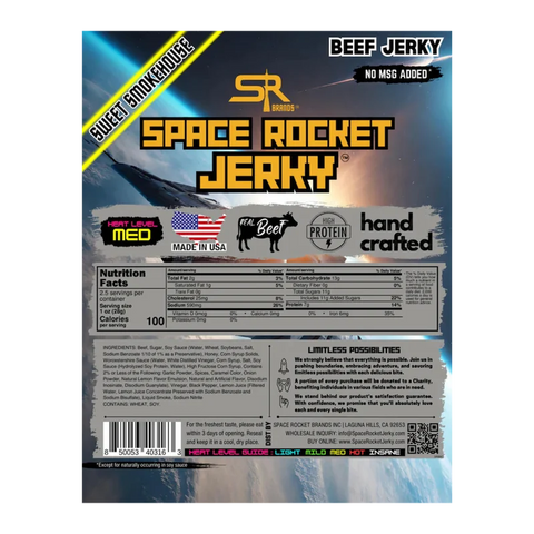 Back of Space Rocket Jerky Golden Raiders package showing nutrition facts, ingredients, and highlights like real beef, high protein, and handcrafted quality, set against a space-themed background.