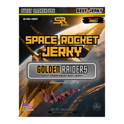 Front of Space Rocket Jerky Golden Raiders packaging featuring a gold spaceship design and labeled sweet smokehouse beef jerky with medium heat level, net weight 2.5 oz (70g).