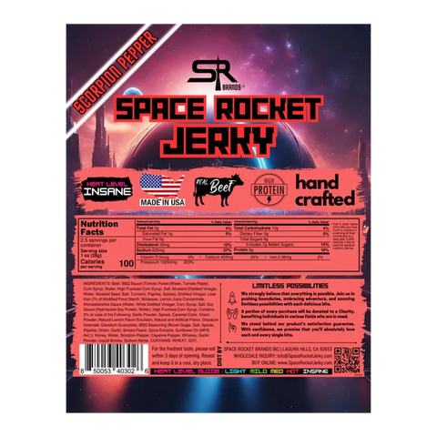 Back of Space Rocket Jerky Quantum Sphere package showing nutrition facts, ingredients, and product highlights with red and black styling, labeled insane heat level and handcrafted quality.