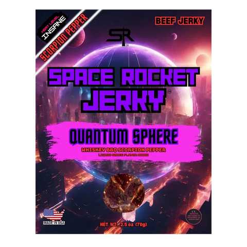Front of Space Rocket Jerky Quantum Sphere packaging featuring a sci-fi cityscape and glowing sphere, labeled whiskey BBQ scorpion pepper beef jerky with an insane heat level, net weight 2.5 oz (70g).