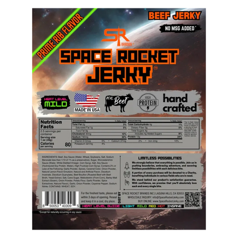 Back of Space Rocket Jerky Rocket Hunter package showing nutritional facts, ingredients, and branding details for seasoned prime rib beef jerky.